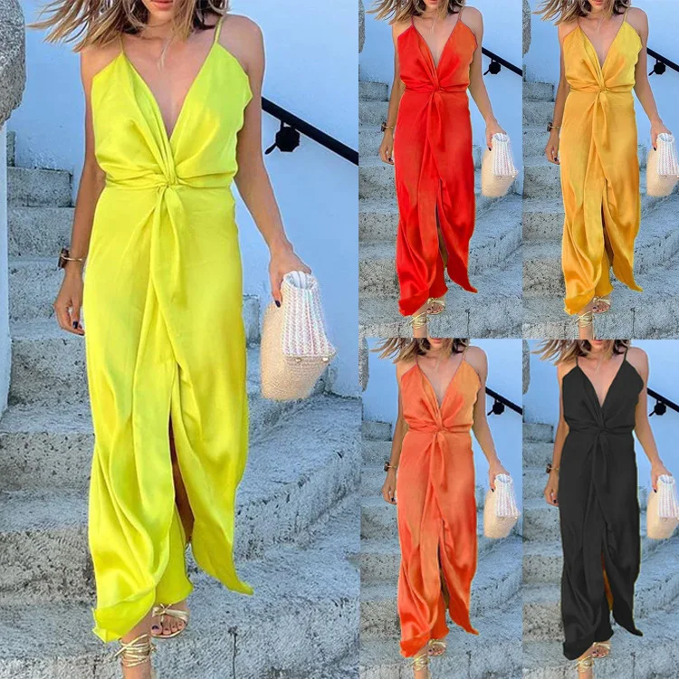 

Autumn New Sexy Party Dress Silk Slippery Fabric Deep V Evening Dress Split Open Back Strap Dress Vestidos De Mujer