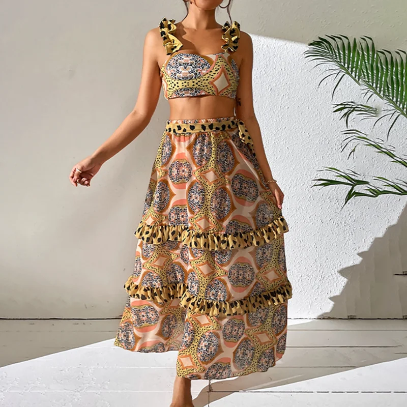 

Ruffle Shoulder High Waist Women's Bikini Two Piece Swimsuit & Skirt Separate Bandeau Luxury Mesh Splicing Sarong Beachwear