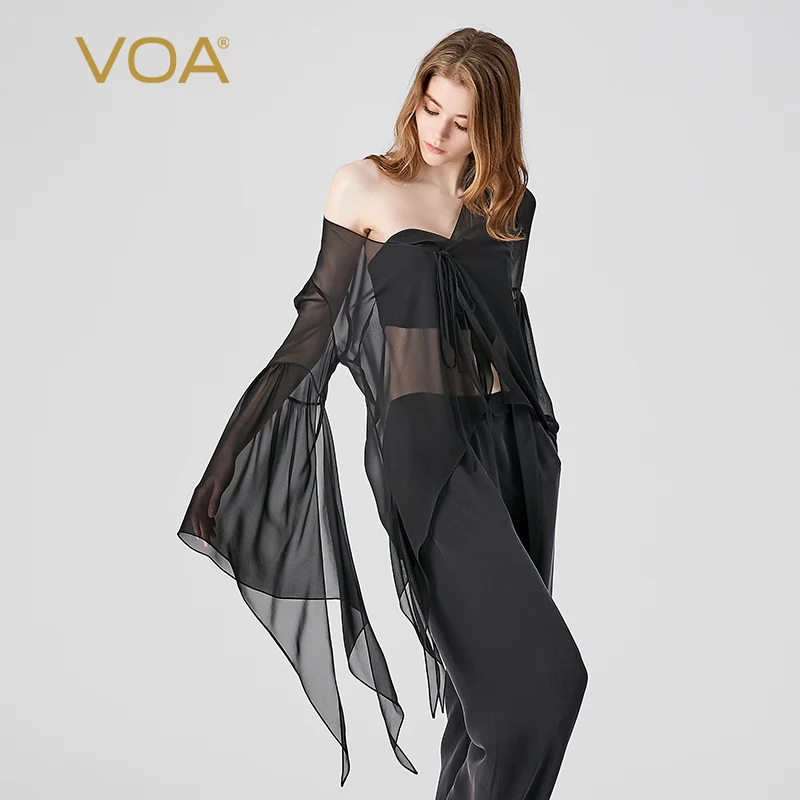 

(Fans Exclusive Discount) VOA Real Silk Georgette Black V-neck Long Sleeve Lace Up Thin Jacket Straight Coat Women New In WE253