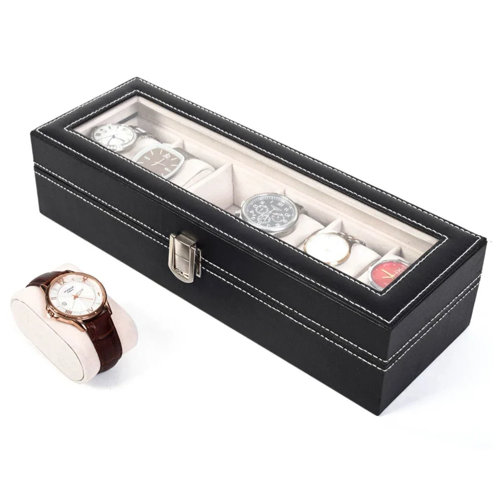 

6 Compartments High-grade Leather Watch Collection Storage Box Black--YS