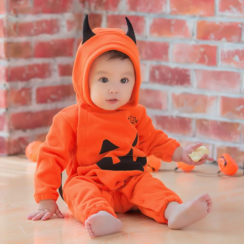 

2022 Autumn and Winter Halloween Baby Romper Children's Clothing Pumpkin Hooded Romper Romper Baby Bag Fart Baby Onesie