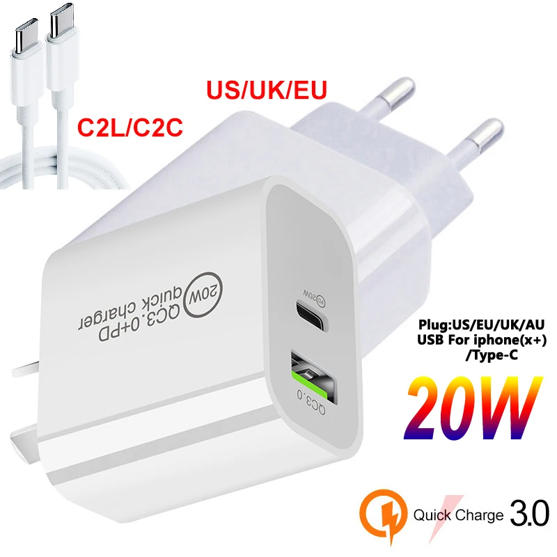 Сетевое зарядное устройство для iPhone с двумя портами 20 Вт PD адаптер питания Apple 13 Pro