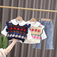 autumn girls 3pcs clothing set flower sweater korean vest long sleeve shirt fashion jeans baby girl clothes toddler kids set