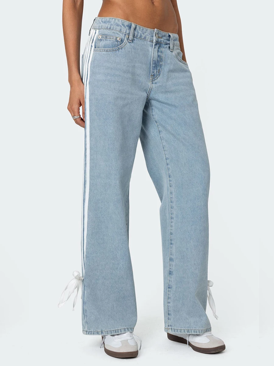 Женские джинсы с низкой посадкой прямые джинсовые брюки завязками в полоску по