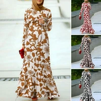 2022 new fall fashion casual boho floral print muslim long dress ruffle hem dress robe women clothing vestidos robe femme