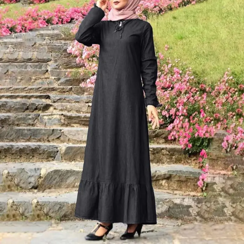 2023 Oversized Ruffles Maxi Dresses Turkish Sundress  Muslim Abayas For Women Autumn Full Sleeve Dress Fashion Solid Robe