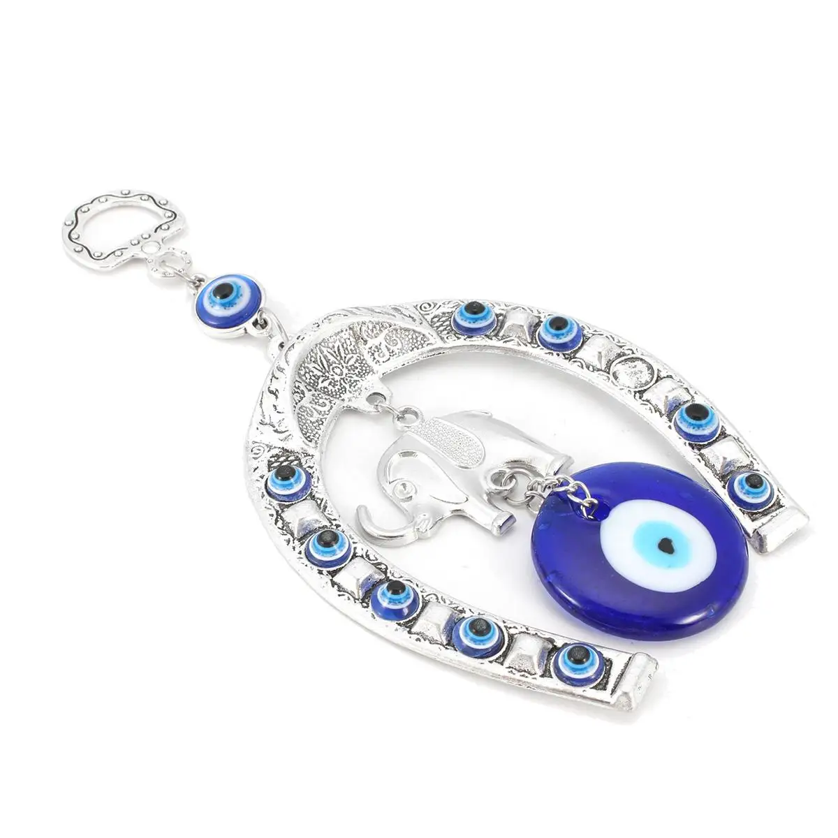 

Turkish Blue Evil Eye Horseshoe with Elephant and Ribbon Pendants Amulet Lucky Protection Home decor