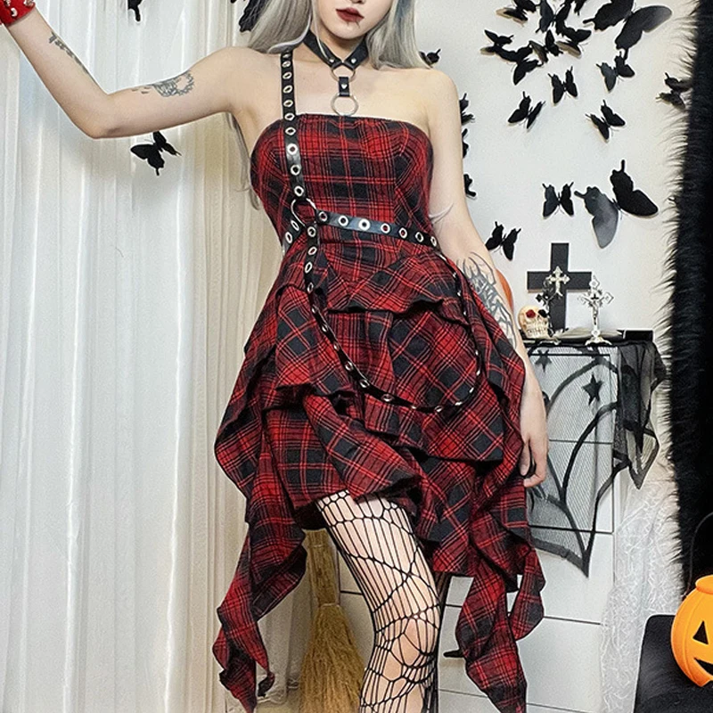 

Мини-платье на одно плечо с клетчатым принтом гранж-панк альтернативный Асимметричный Сарафан с высокой талией эмо с оборками бандажные пл...