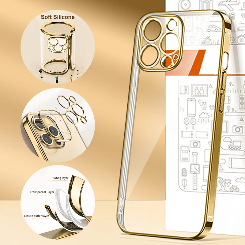 

Luxury Plating Square Frame Case For iPhone 11 12 13 14 Pro Max mini X XR XS Soft Transparent Silicone Shockproof Cover