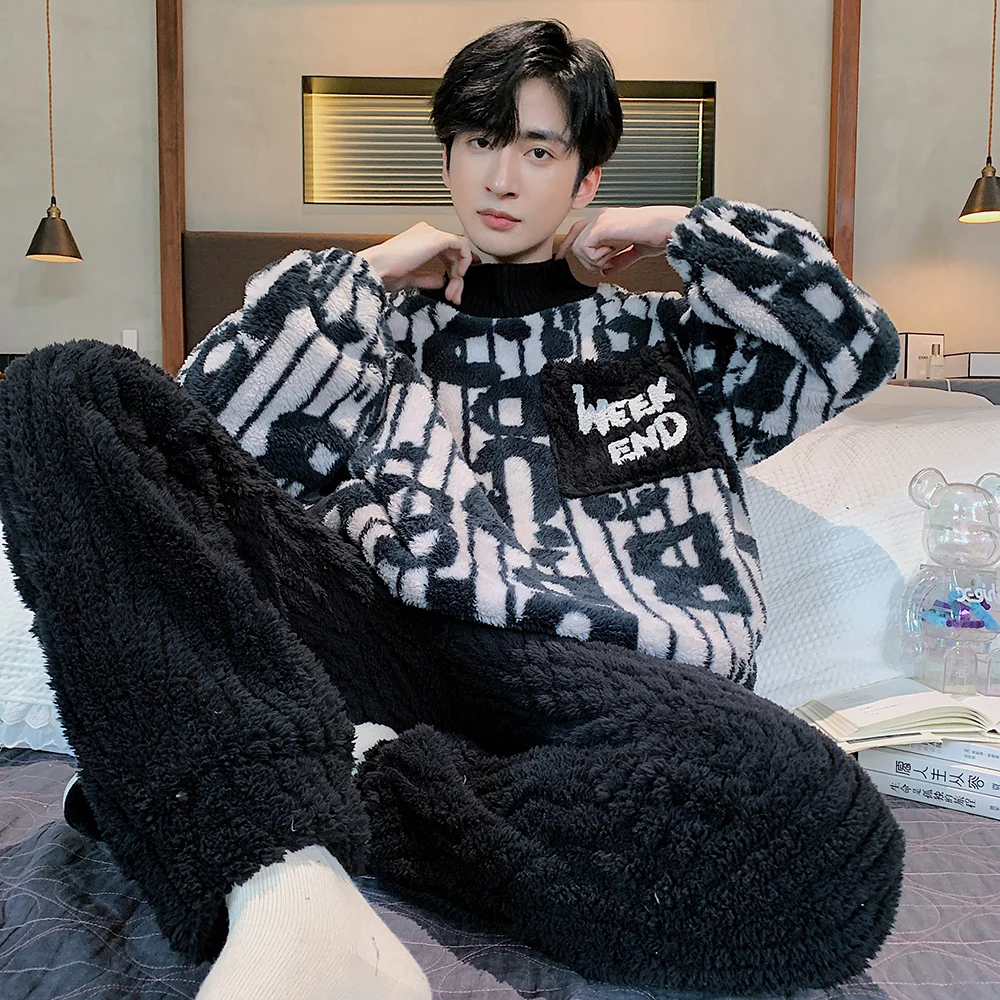 QUHENG Flannel Men Pajama Sets Thick Warm Long Sleeve 2022 Winter Cartoon Coral Velvet Man Sleepwear Suit Pyjamas Homewear