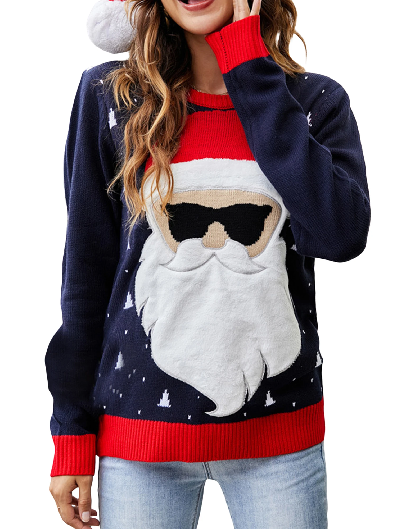 

Women s Festive Reindeer Christmas Sweater - Cozy Long Sleeve Xmas Pullover with Round Neck for Girls and Ladies