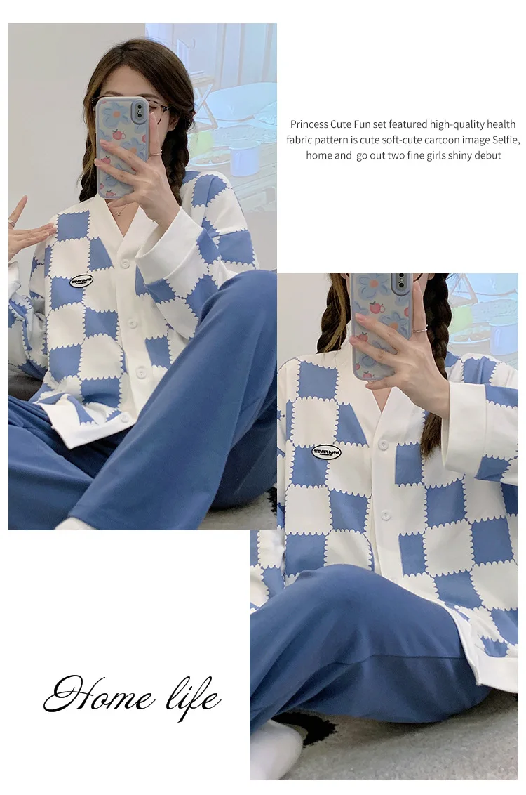 Yasuk Spring Autumn Fashion Women's Casual Soft Plaid Sleepwear Homewear Pajamas Set With Pants Sweet Lovely Girl Blue
