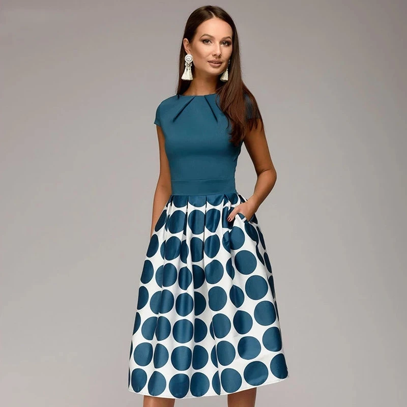 

Vintage Women Wave Point Dress Hot Sale Short Sleeve Patchwork A-line Short Dress Casual Women Vestidos 2022 Summer Autumn