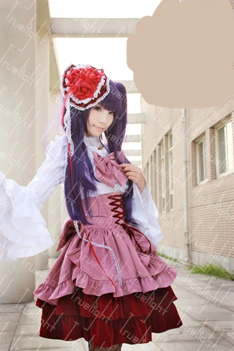 

Anime Umineko no Naku Koro ni Furudo Erika Pink cosplay costume with hair accessory 11