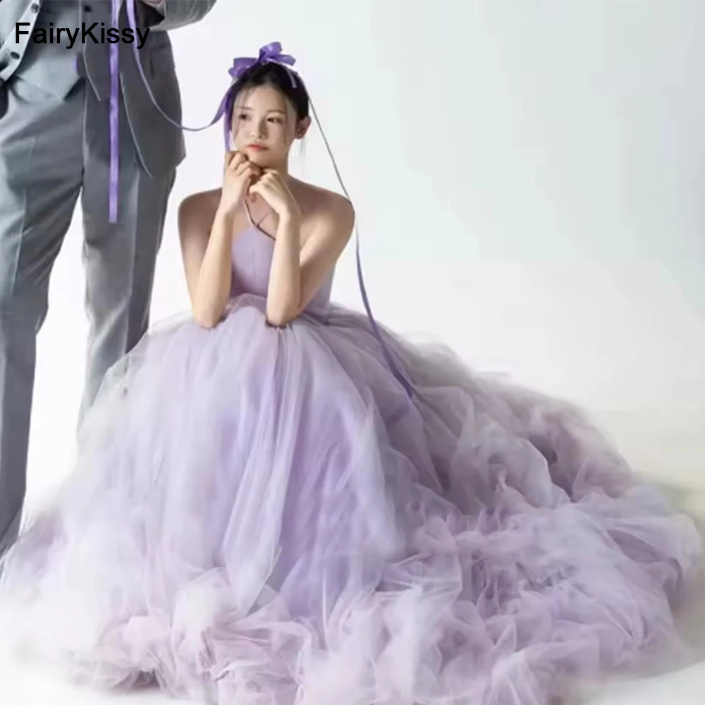 Фото FairyKissy Fairy Baby Фиолетовые свадебные платья трапециевидной формы с лямкой на шее длиной до пола, платье для выпускного вечера с оборками, корейские элегантные вечерние платья для фотосессии №1