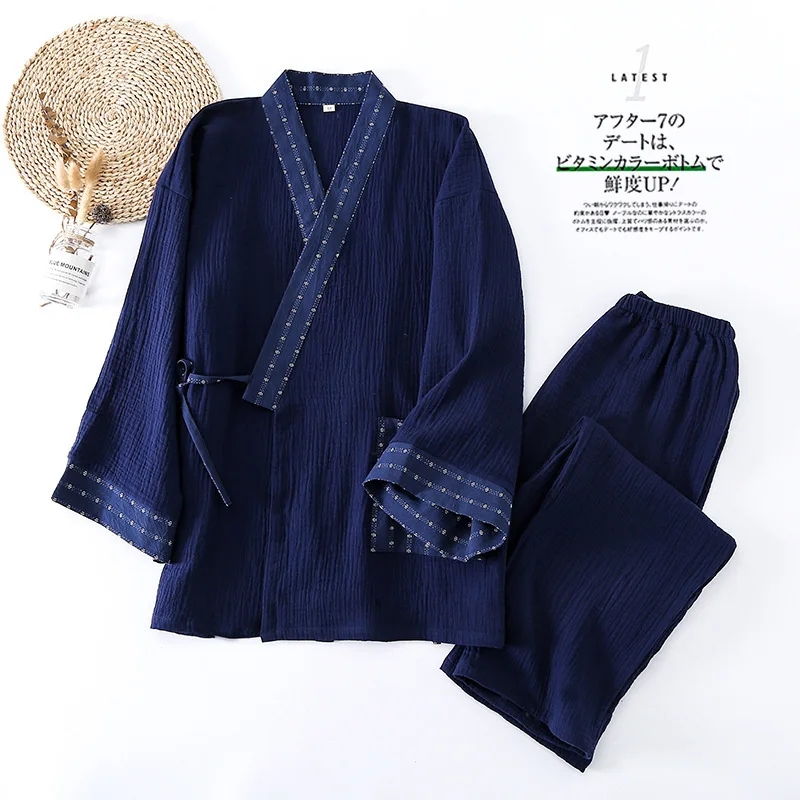 

Ethnic Style Printed Cotton Crepe Japanese Kimono Mens Pajamas Suit Men's Thin Double-layer Gauze Home Clothes Mens Pyjamas