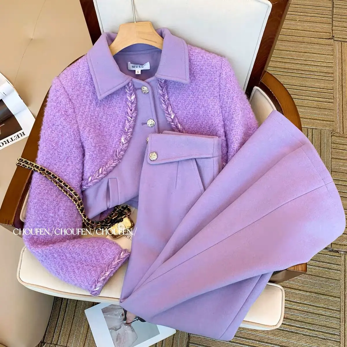 

Women Vintage Tweed Purple Suit Jacket Coat Top And Pants Two Pieces Set Matching Outfits 2023 Winter Prom Party Clothing Female