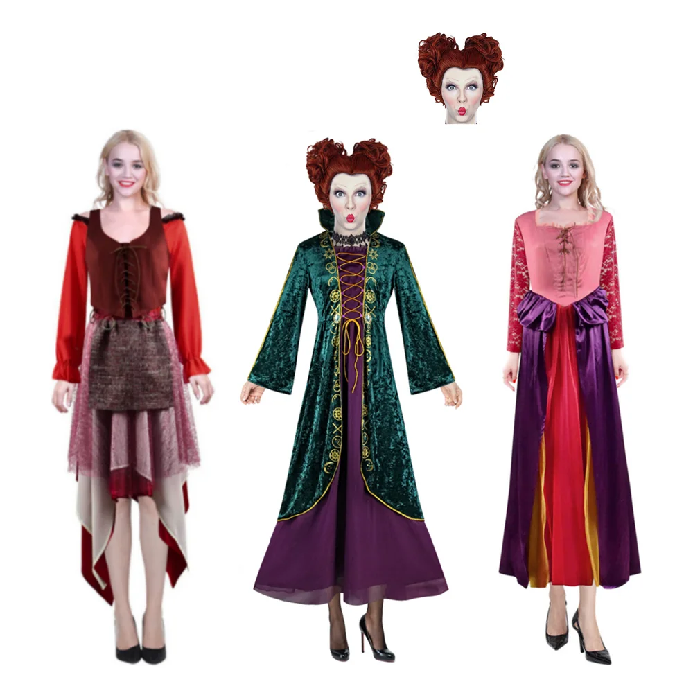 

Костюм для косплея из фильма Hocus Pocus2 Winifred, Сара, Мэри, женское платье ведьмы, плащ, парик на Хэллоуин, костюм для вечевечерние НКИ