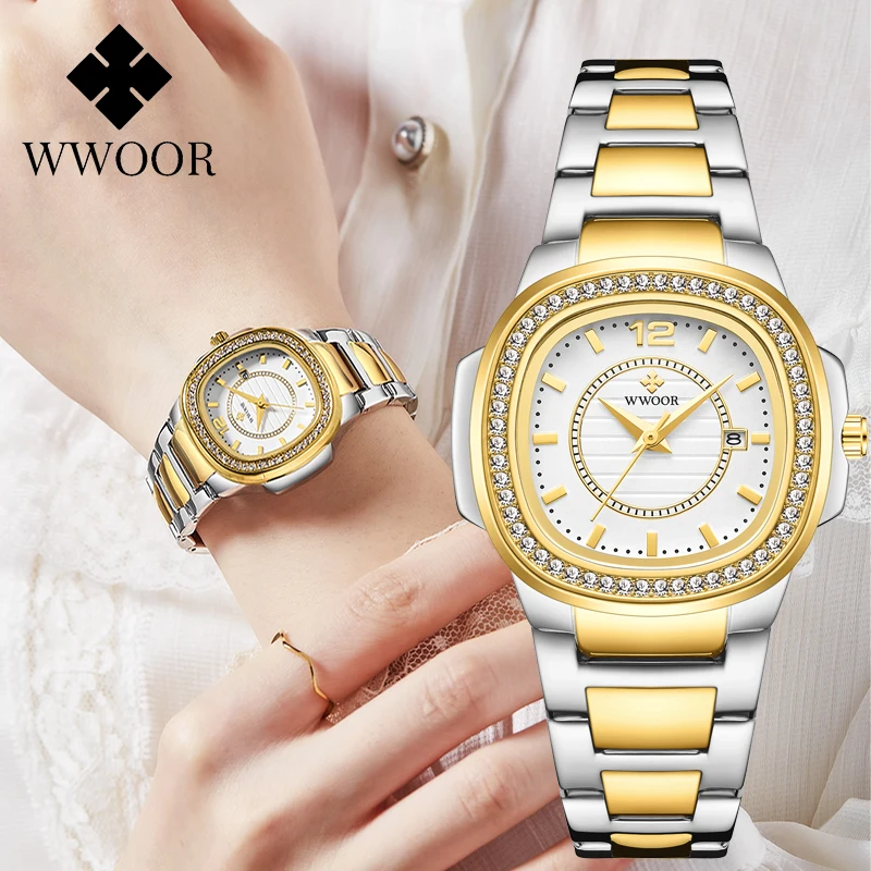 

WWOOR Fashion Women Luxury Watch Ladies Diamond Bracelet Wristwatches Women Elegant Quartz Watch Date Female Clock Montre Femme