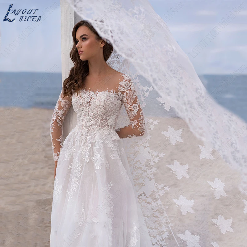 

LAYOUT NICEB Wedding Dress For Women 2023 Bride Beach Illusion Long Sleeves Lace Tulle Appliques Bridal Gown Vestido De Noiva