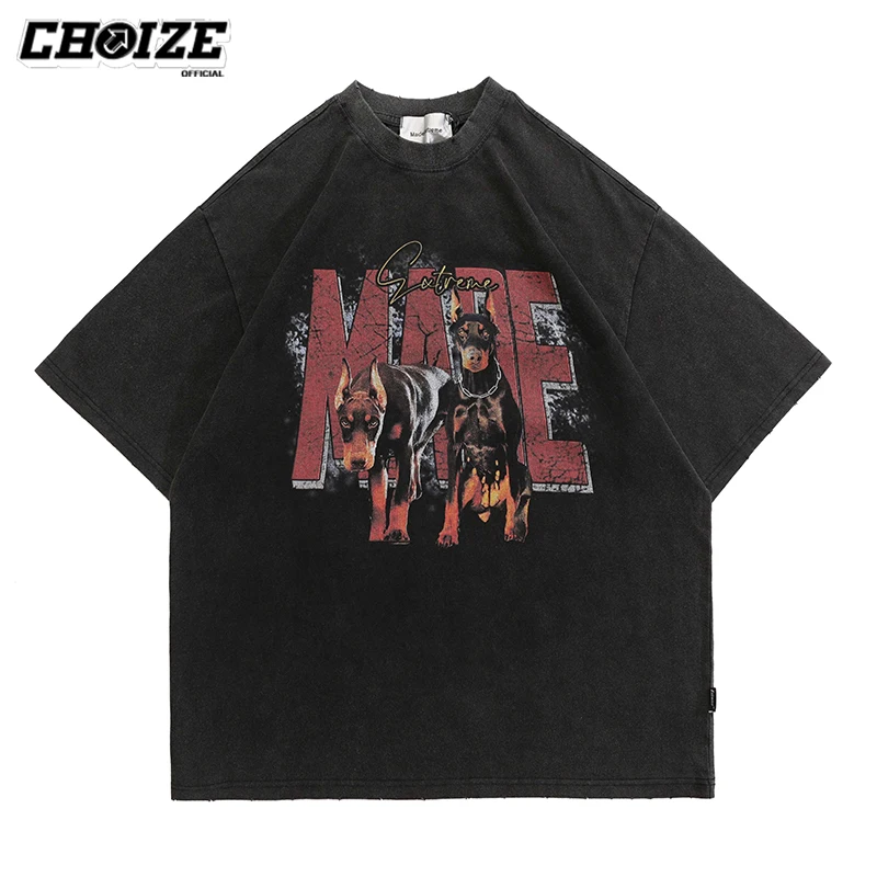 

Men Hip Hop Streetwear T Shirt Washed Letter Doberman Print Gothic Tees Harajuku Vintage Summer Short Sleeve T-Shirts Oversized