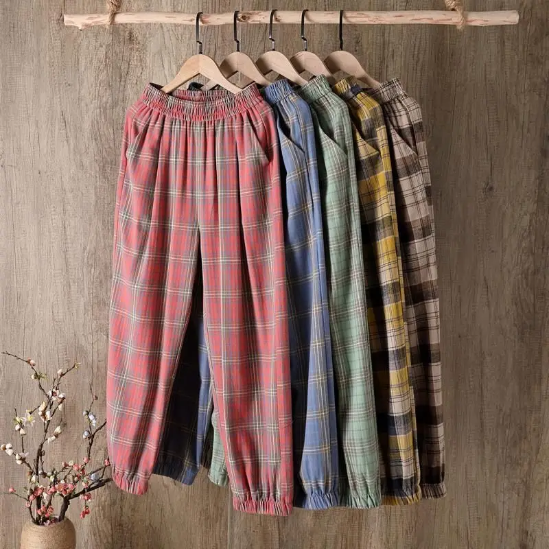 

Capris Pants Cotton Casual High Waist Harem Pants Simplicity Korean Fashion Plaid Pants Spring Summer Loose Nine Points Bloomers