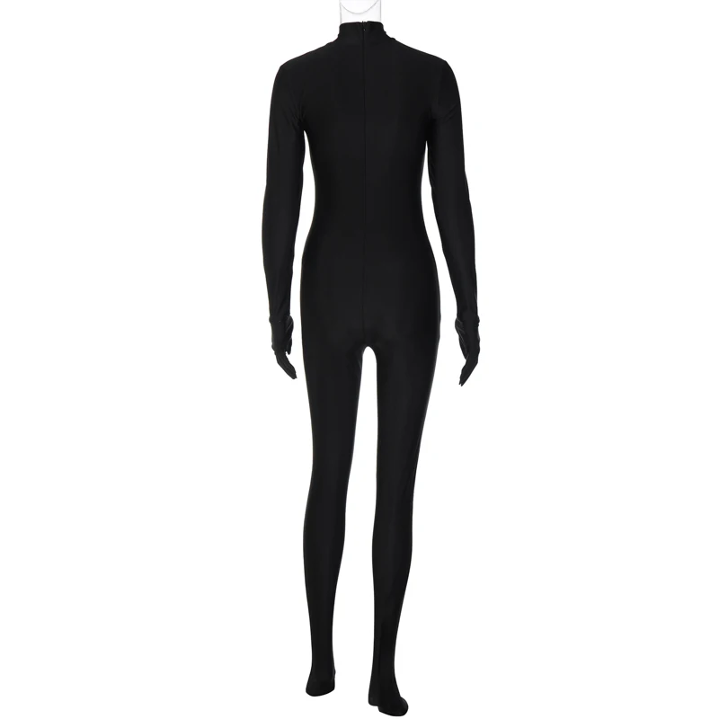 HOTCY Women Full Black Body Long Sleeve One Piece with Gloves Pantyhose High Collar Jumpsuit