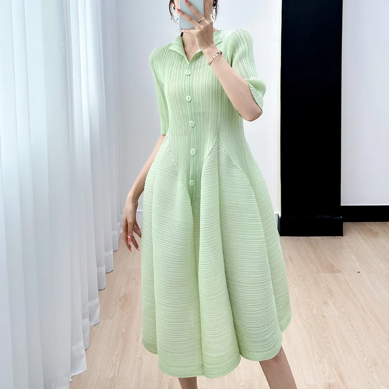 

Miyake, минималистичное однотонное элегантное нежное удобное платье-кардиган, женское платье-бутон, лето 2023, новые плиссированные Роскошные в...