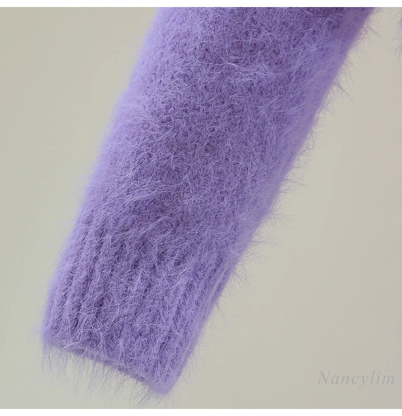 Фиолетовый кардиган для женщин вязаный из мохера с v-образным вырезом и цветочным