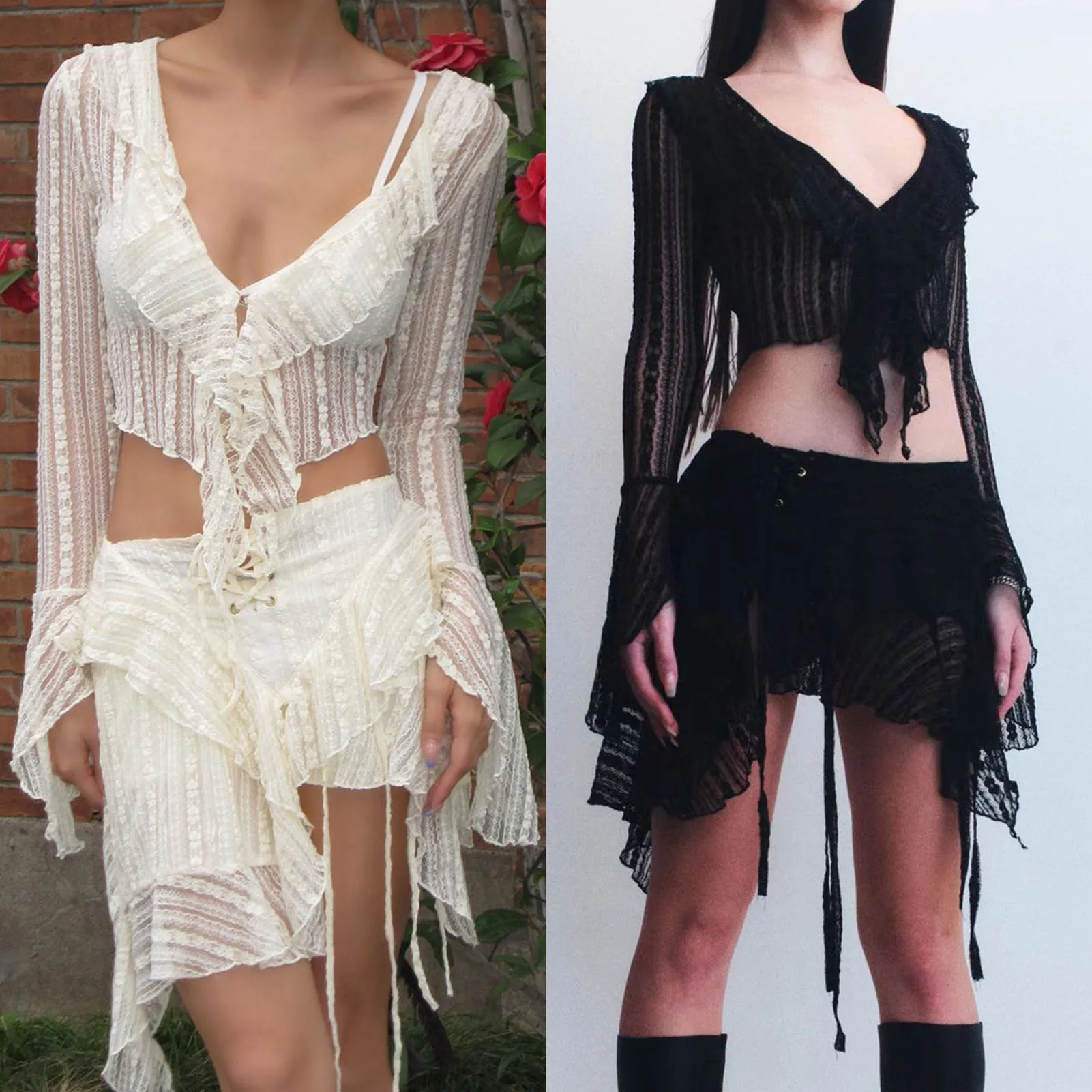 

Женский комплект из 2 предметов, Укороченная рубашка и мини-юбка с оборками на завязках, кружевная сексуальная юбка с длинным рукавом и бахромой, уличная одежда Y2K