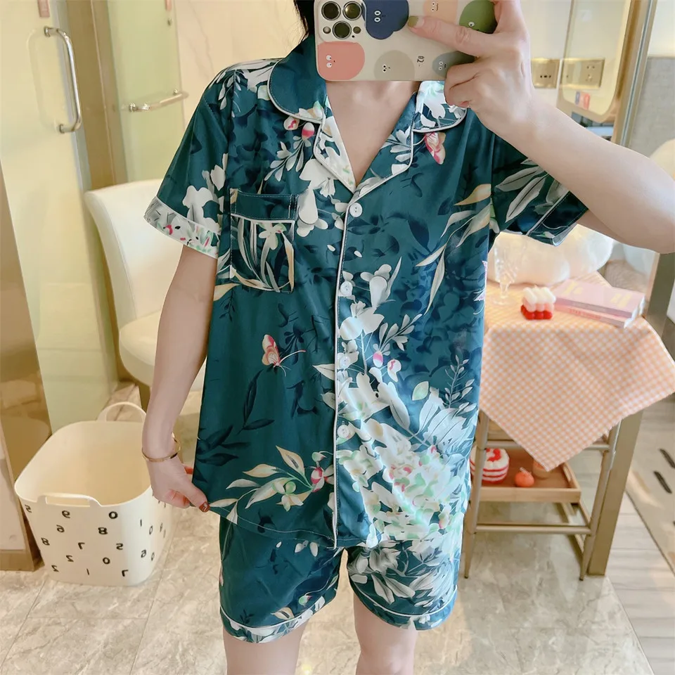 

2 Piece Set Women Summer Short Sleepwear Thin Cotton Flowers Leaves Printing Pijamas Panties Woman's Home Wear Clothing