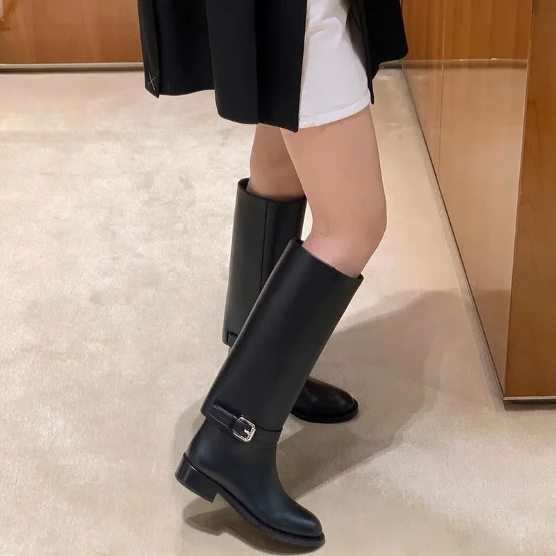 Maxdutti 2023 Winter Fashion Ladies Knee-high Boots High Street Retro Black Leather Boots With Metal Buckle Women