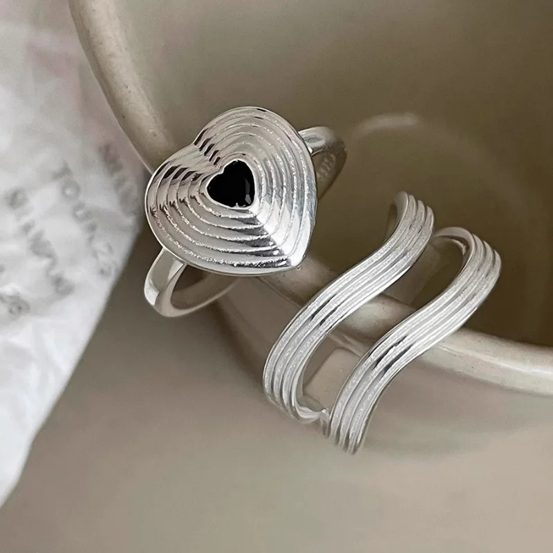 

New Fashion 925 Silver Open Finger Ring Wavy Heart Lines Punk Geometric Stackable For Women Girl Jewelry Gift Dropship Wholesale