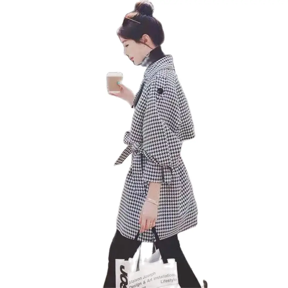 

Spring Women Houndstooth Plaid Thicken Trench Coat With Sashes Long Sleeve Double-breasted Female Windproof Jacket Abrigo Mujer