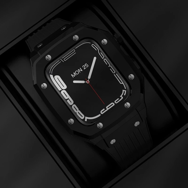 

For Apple Watch Series 7 45mm Bracelet Watch 6SE 5 4 44mm Silicone Strap Metal Case Accessories High Quality Luxury Modding Set
