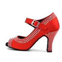 Beautiful Red Satin 8.0 Cuban Heel Women Latin Dance Shoes Suede Sole Ballroom Tango Party Students Shoes