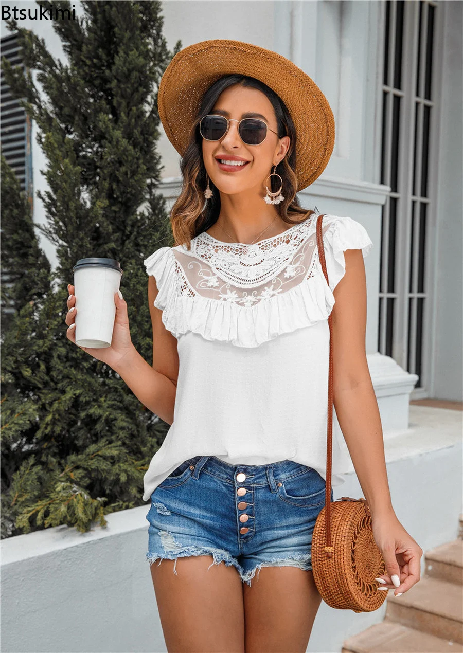 

Women Summer Short Sleeve Shirts Lace Design Casual Soft Lace Blouse Crew Neck Ruffle Collar See-through Tops Flying Sleeve Tops