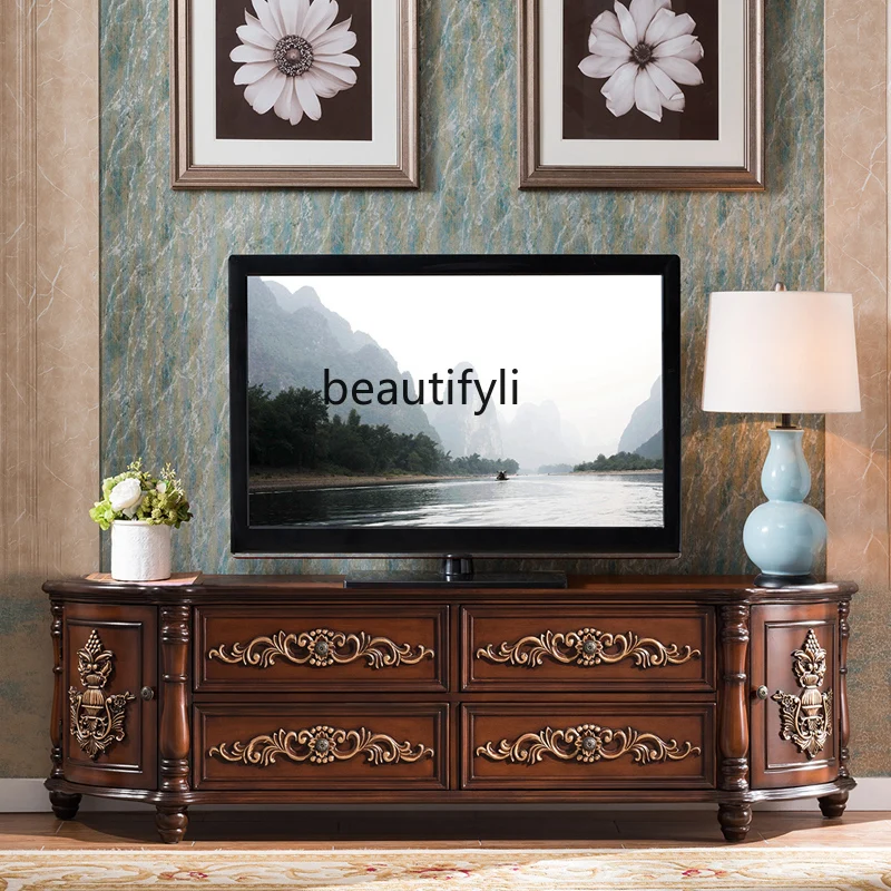 

CXH Solid Wood American Curved Film and Television Cabinet Bedroom Small Floor Cabinet Carved Painted