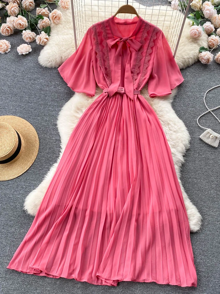 

Summer Women Lace Pleated Midi Dress Vintage Lady Elegant Vestidos Female Holiday New Fashion Robe