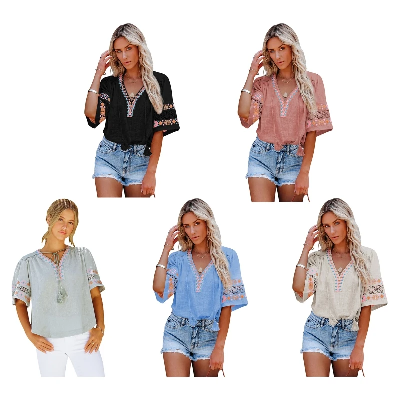 

Womens Summer Boho for T Shirt Embroidery Floral Bohemian Half Sleeve Bl