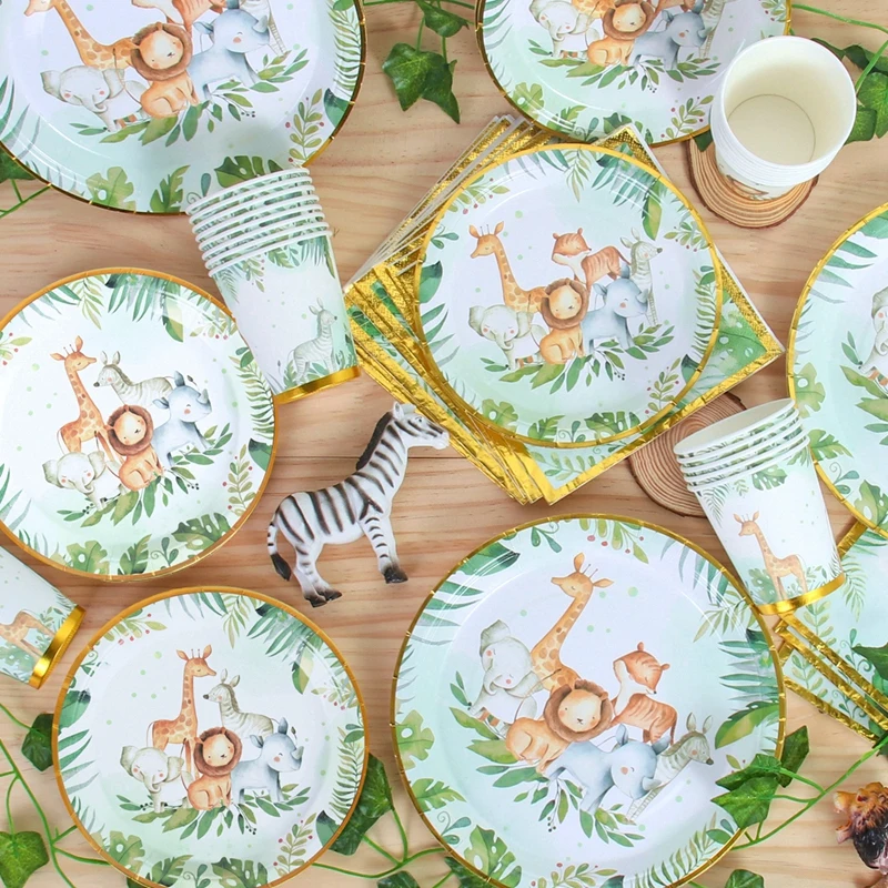 

Disposable Tableware Set Jungle Hunting Children Baby Shower Forest Theme 1st Birthday Party Decorative Plate Cup Party Dinner