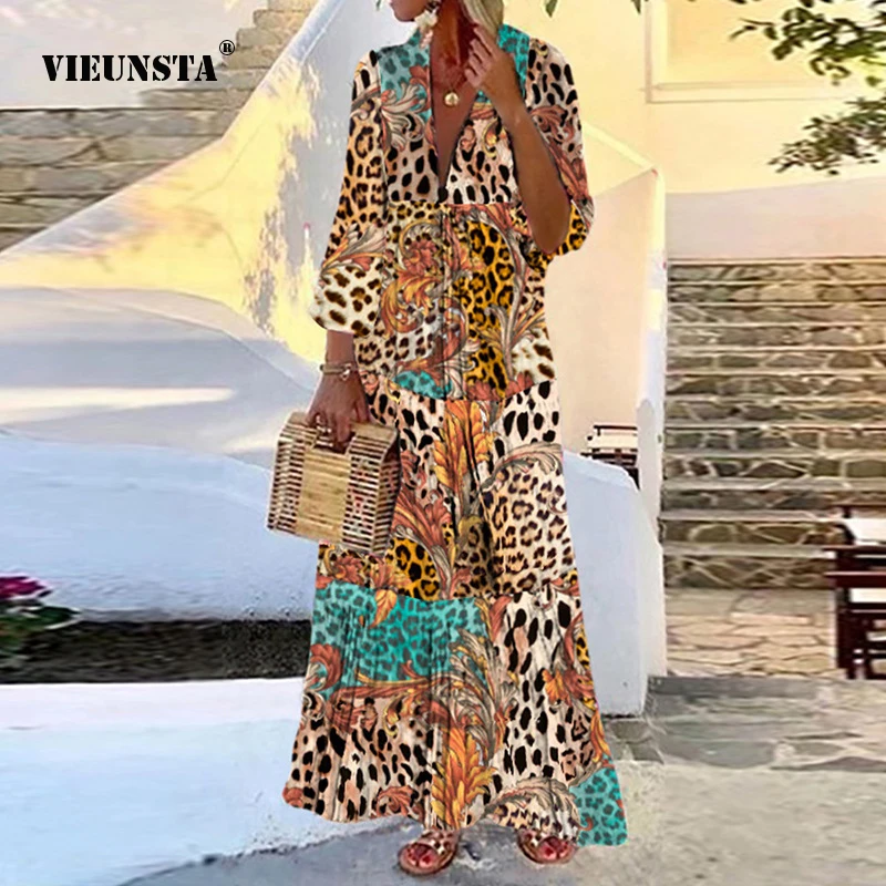 

Платье женское длинное с леопардовым принтом, повседневное свободное платье с V-образным вырезом и рукавом три четверти, для отдыха на море ...