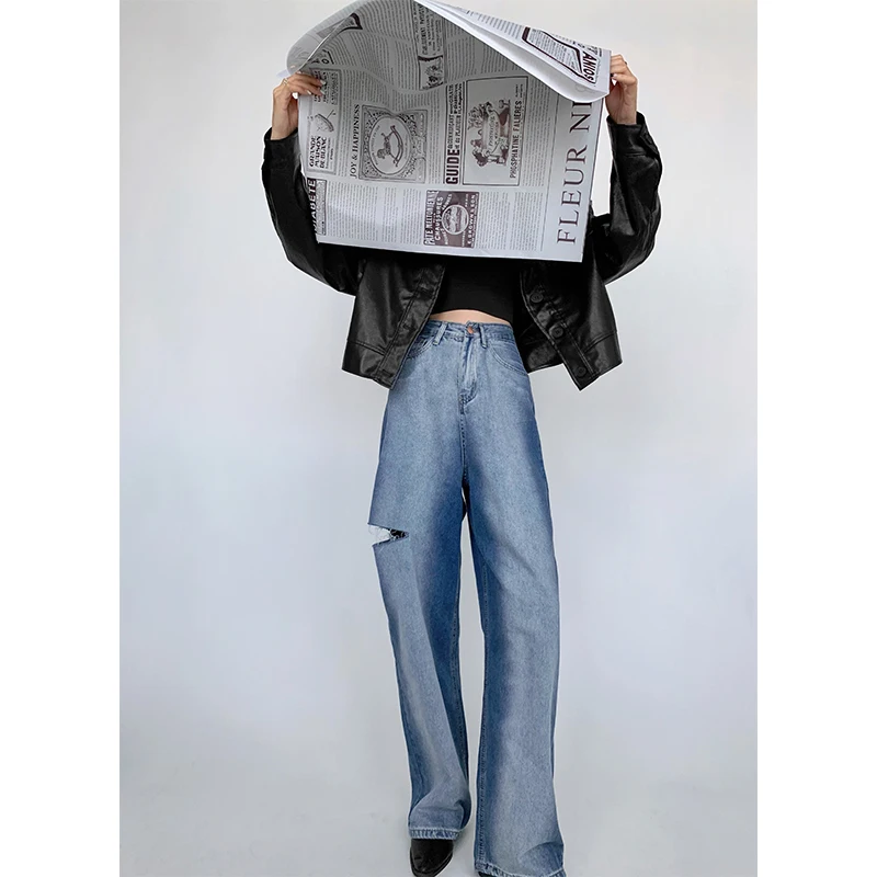 

Women Blue Gradient Jeans Ripped Vintage Wide Leg Pants High Waist Baggy Straight Casual Fashion Denim Trouser Ladies Summer