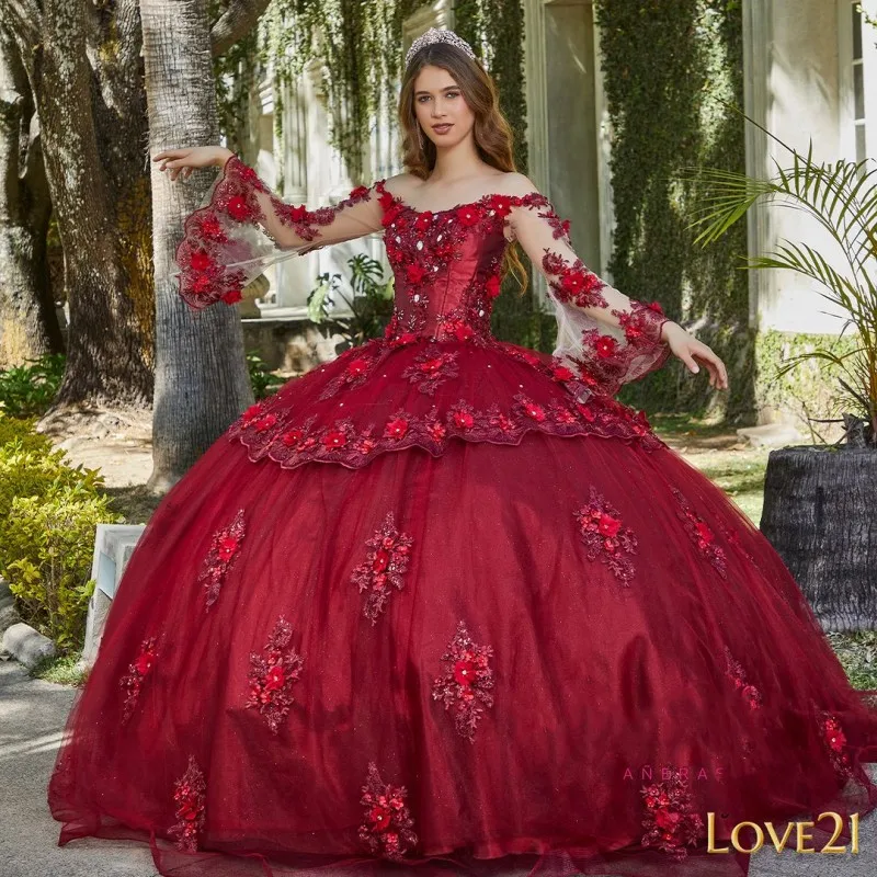 

Red Quinceanera Dresses Ball Gown Appliques Lace Long Sleeves Off Shoulder Handmade 3DFlowers Sweet 15 Party Dress