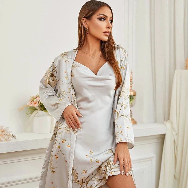Women's Silk Bathrobe Set Summer Autumn Floral Print Ladies Nightwear Satin Luxury Kimono 2 Pieces Suit Sleepwear For Female
