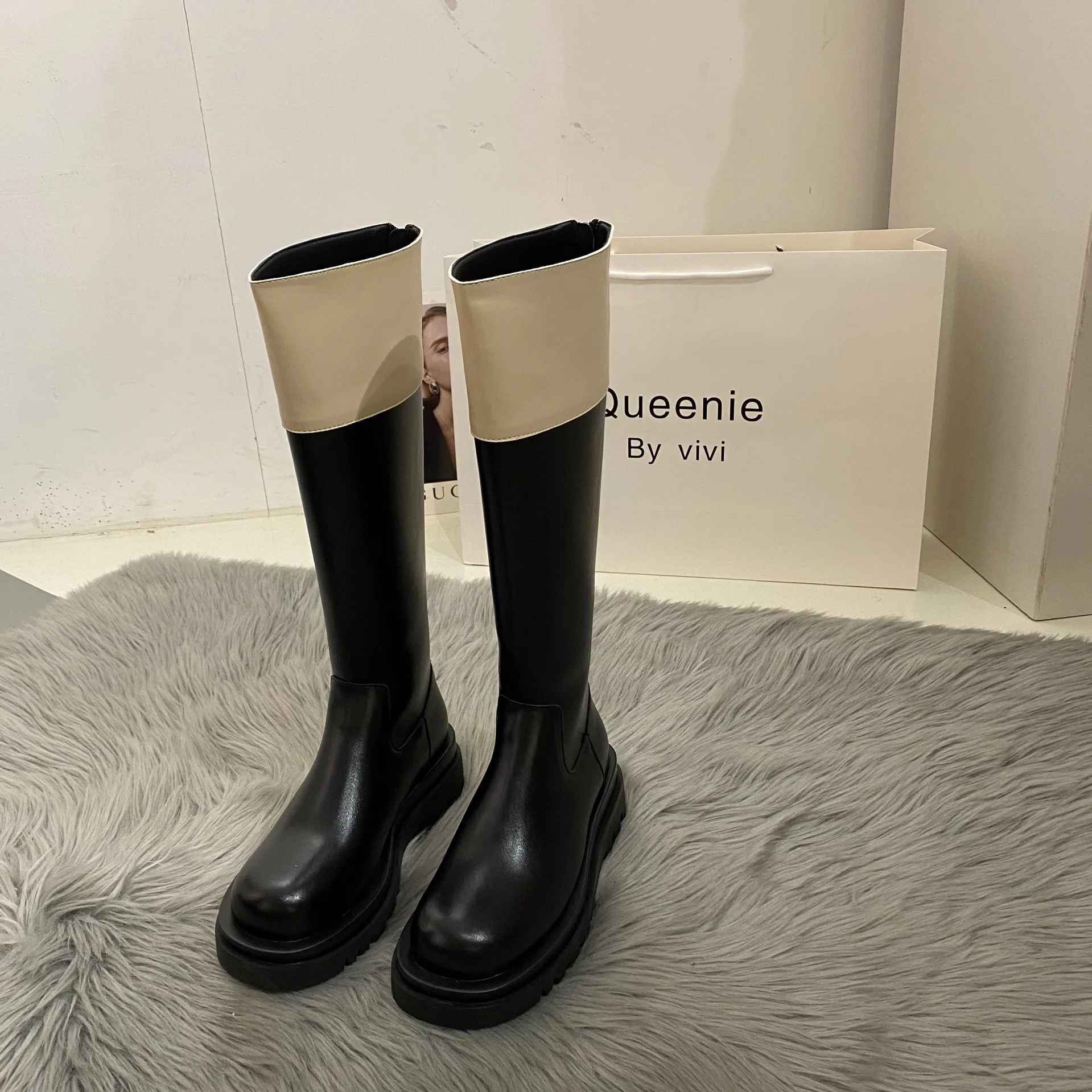 

Women's Boots Autumn Shoes Flat Heel Boots-Women Round Toe Zipper Low Lolita Mid Calf Over-the-Knee Ladies Fabric Rome Mid-Boats