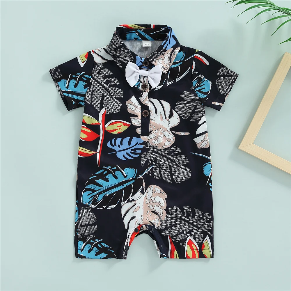 

Newborn Baby Boy Summer Hawaii Romper Toddler Infant Leaf Print Turn-Down Collar Short Sleeve Jumpsuit With Bow Tie Beachwear