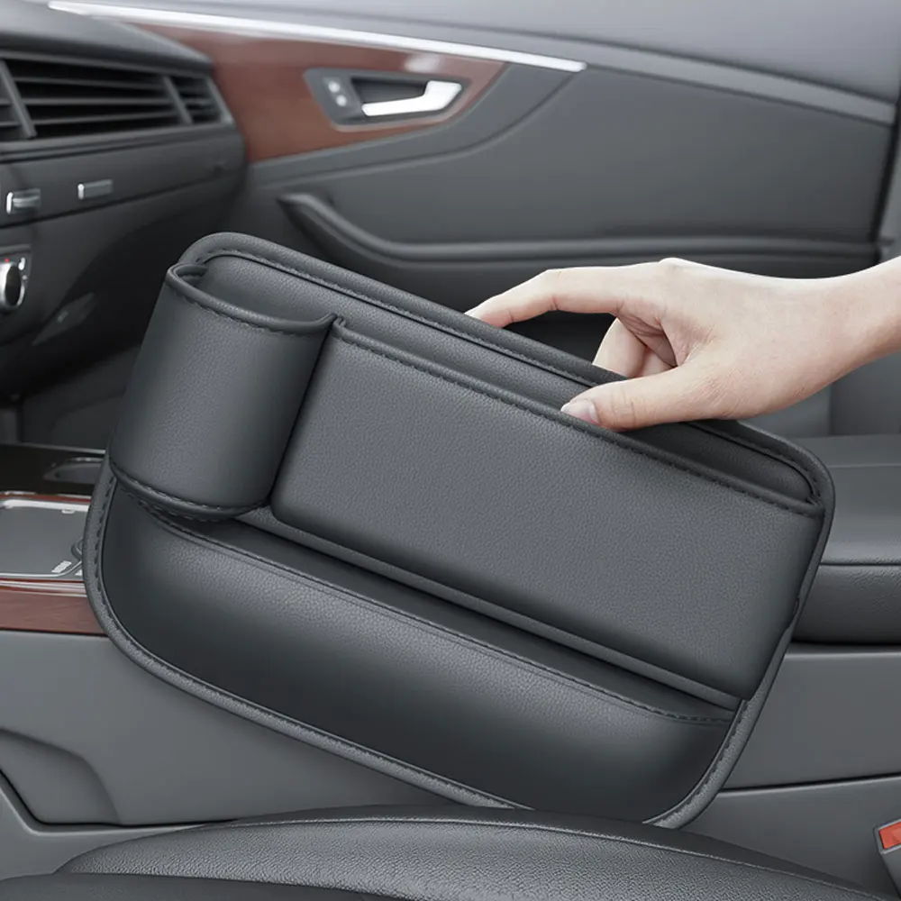 

PU Leather Car Seat Gap Organizer Auto Console Side Storage Box with Cup Holder Seat Crevice Storage Box for Cell phone Keys