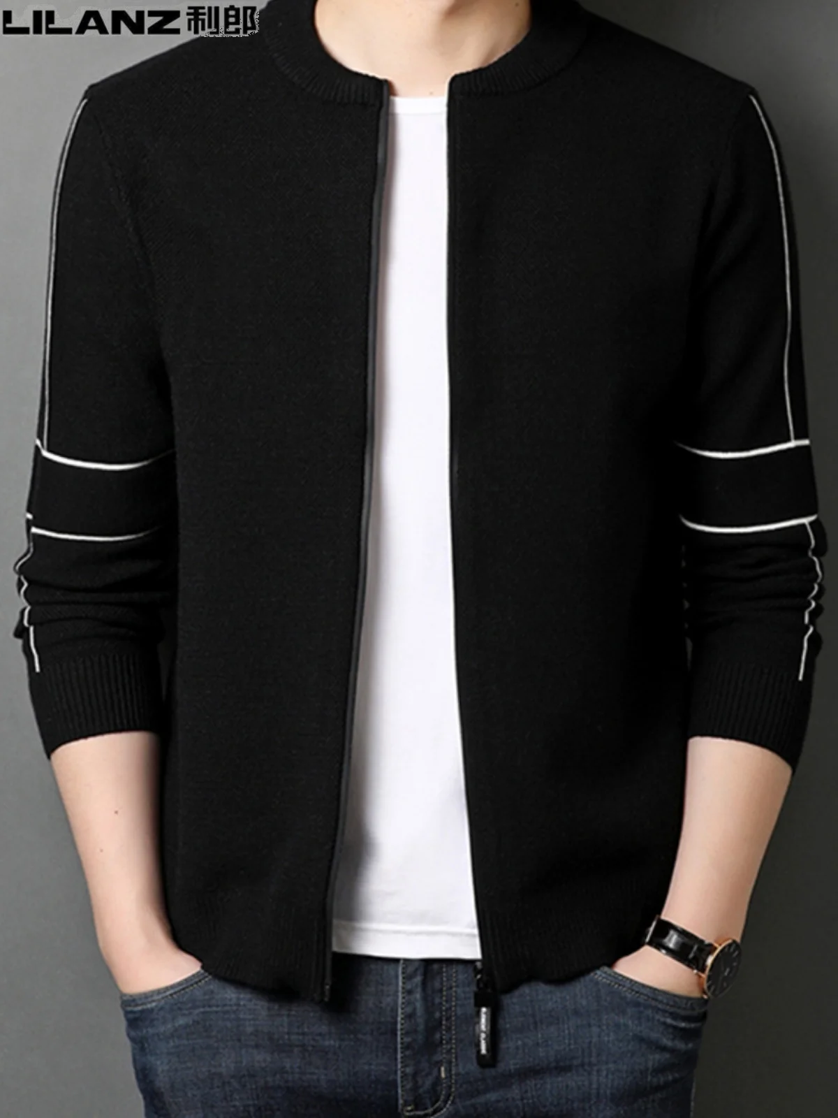LiLang Мужская одежда шерстяной вязаный кардиган на молнии для молодежи и среднего