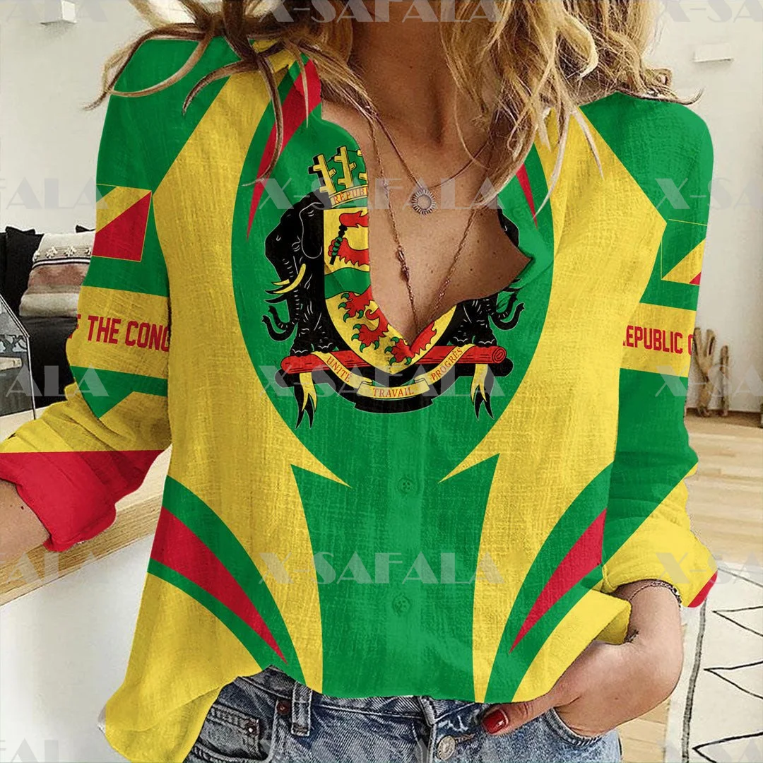 

Republic Of The Congo Print Women Casual Shirts Long Sleeves Spring Autumn Elegant Blouses Turn Down Collar Button Street Shirt